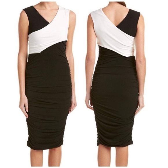 Rachel Roy Black and White ColorBlock Criss Cross Ruched Midi Dress - Picture 1 of 16
